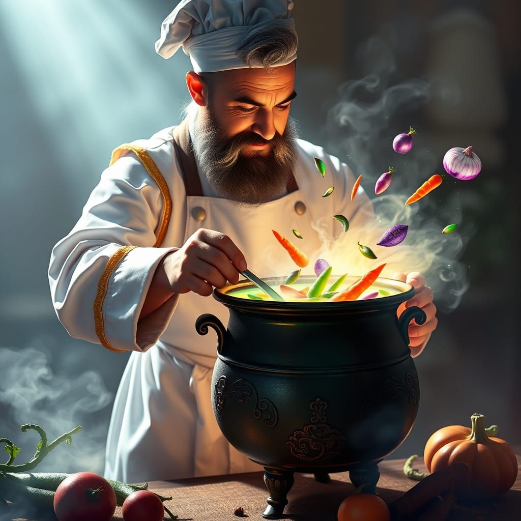 Mystical Chef Stirs Enchanted Rainbow Soup in Ancient Cauldr...