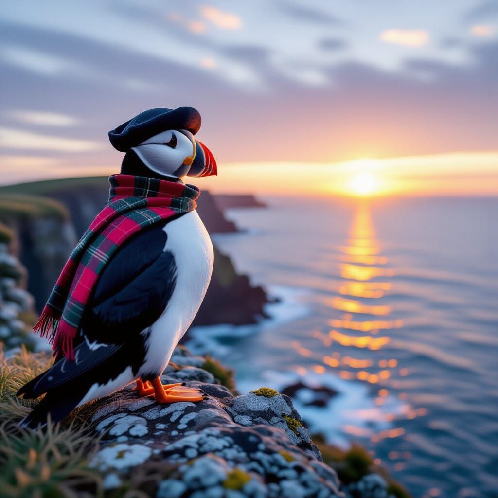 Puffin in Kilt Overlooking Stormy Sea at Sunset