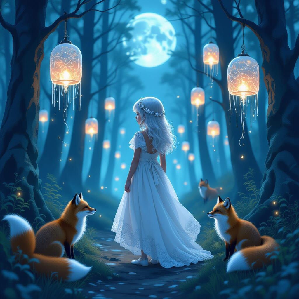 Ethereal Girl in Moonlit Forest with Crystal Foxes