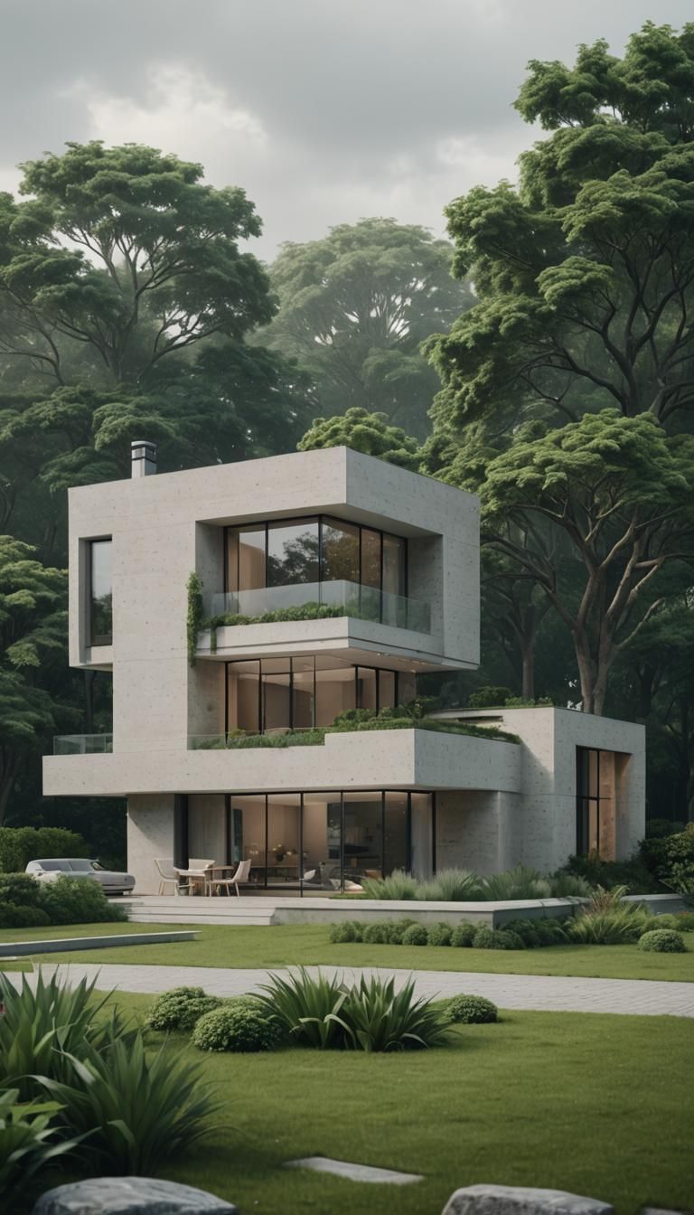 Minimalist House with Lush Landscape in Photorealistic Style
