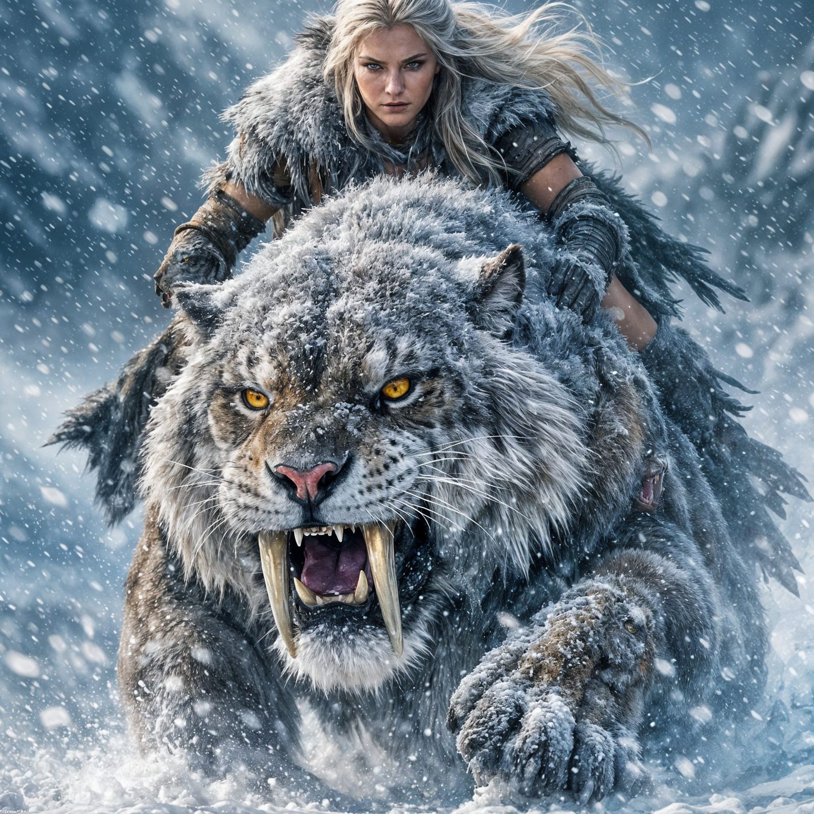 Nordic Warrior Woman Rides Saber-Toothed Tiger in Snowy Epic
