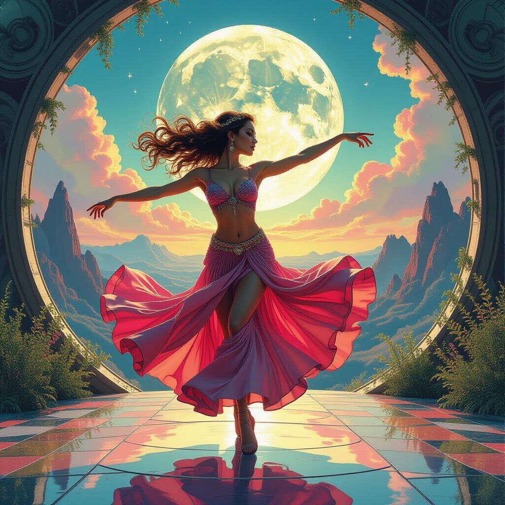 Hyperrealistic Dancer in Surreal Landscape Airbrush Art