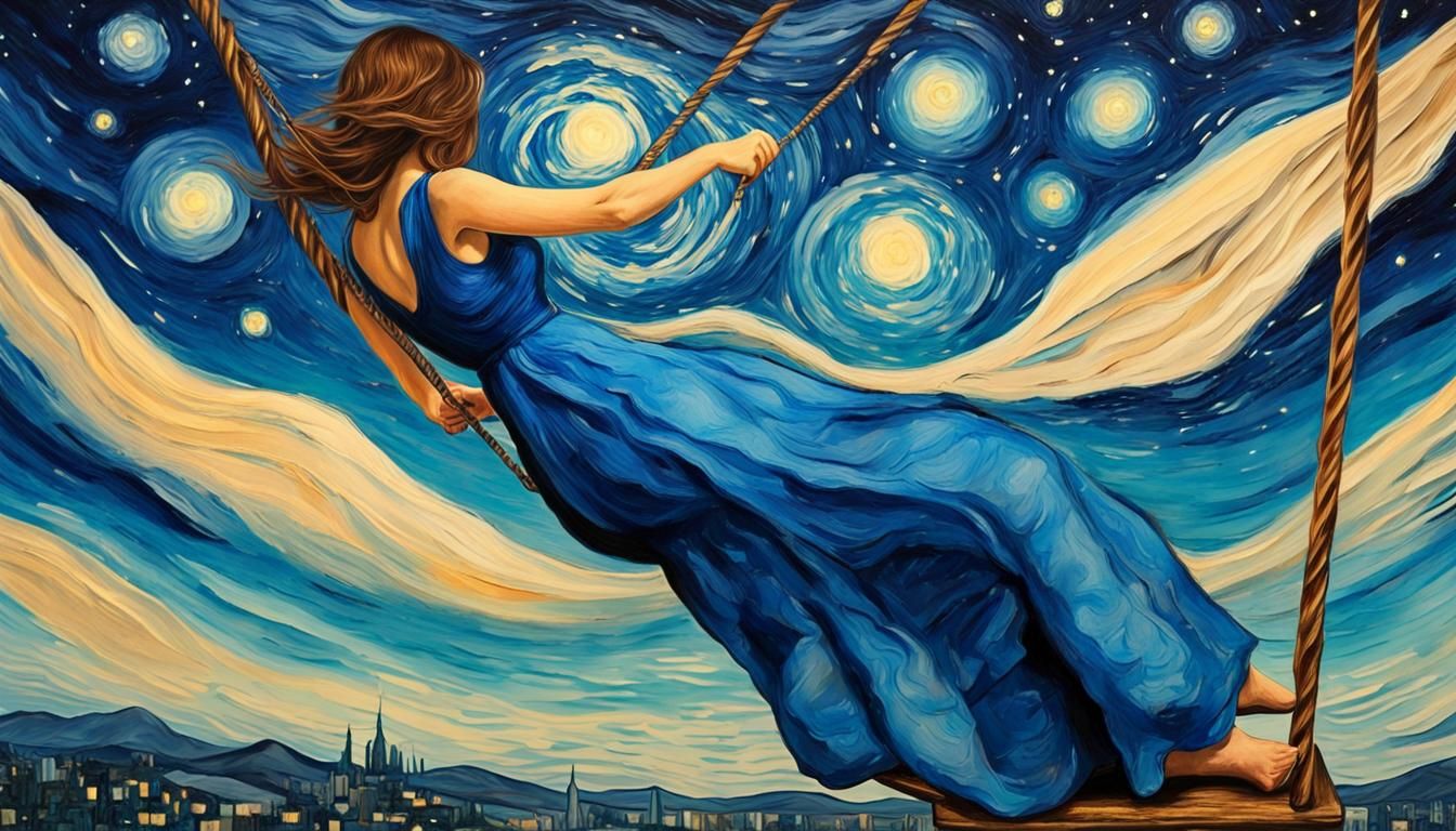 Woman on Moon Swing in Van Gogh Style