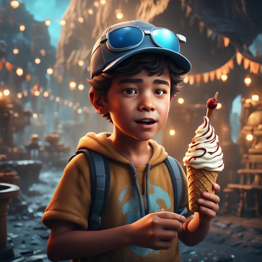 Boy with Visor Enjoys Ice Cream: Detailed Digital Painting