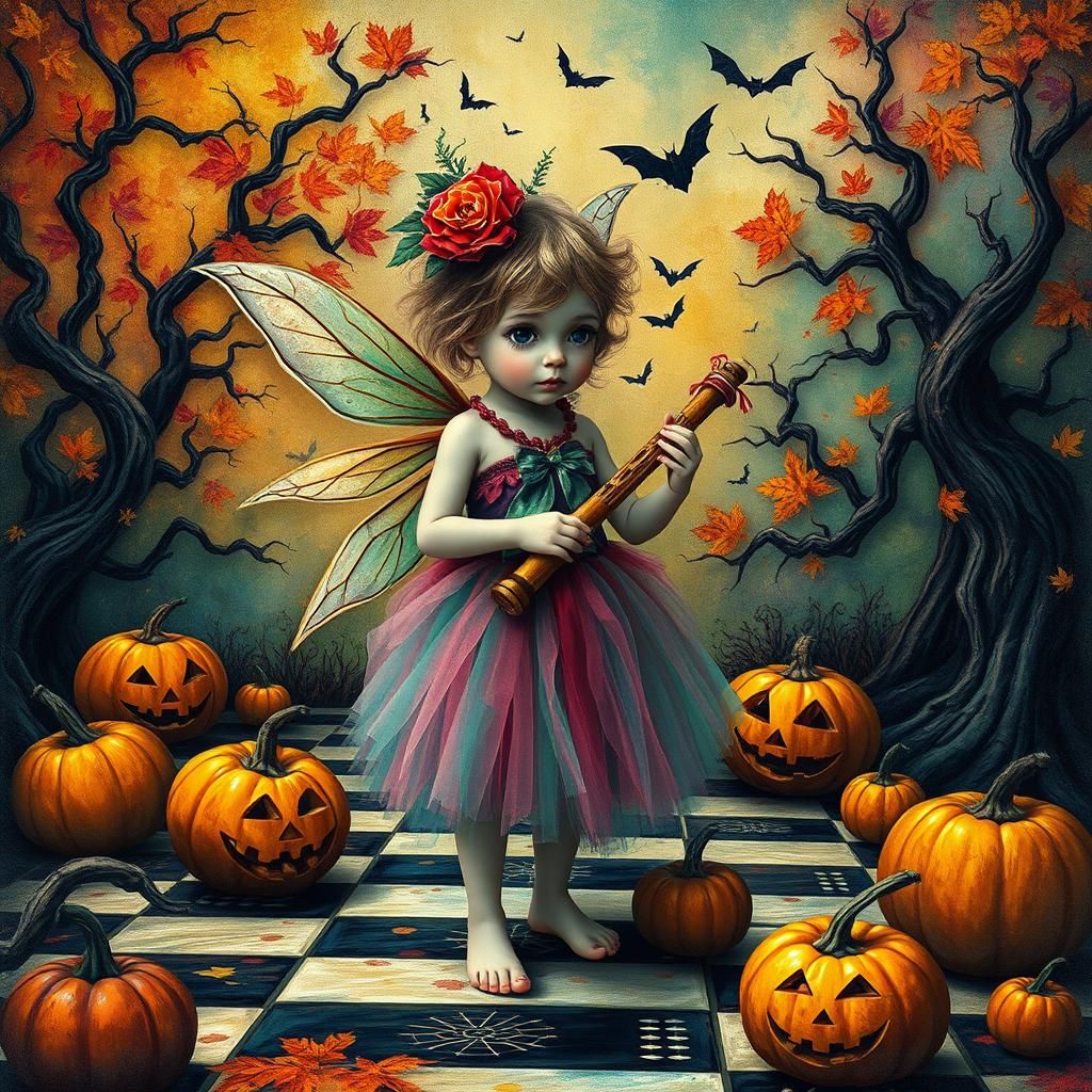 Whimsical Fairy in Surreal Autumn Chess Wonderland