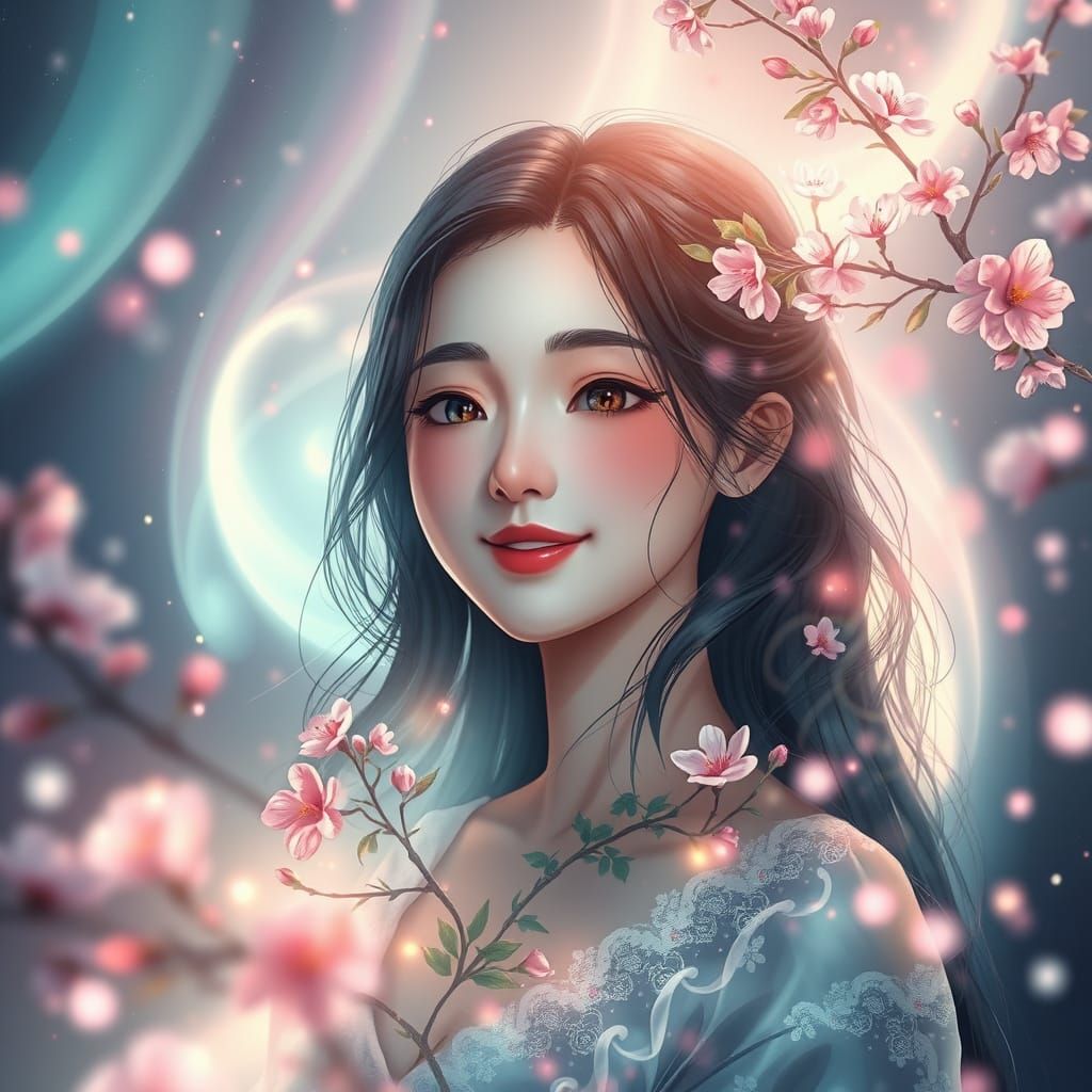Dreamy Anime Goddess Amidst Whirling Lights and Blooming Che...