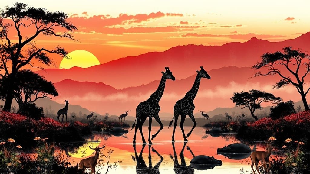 Surreal Silhouettes of Giraffes in Serengeti Landscape