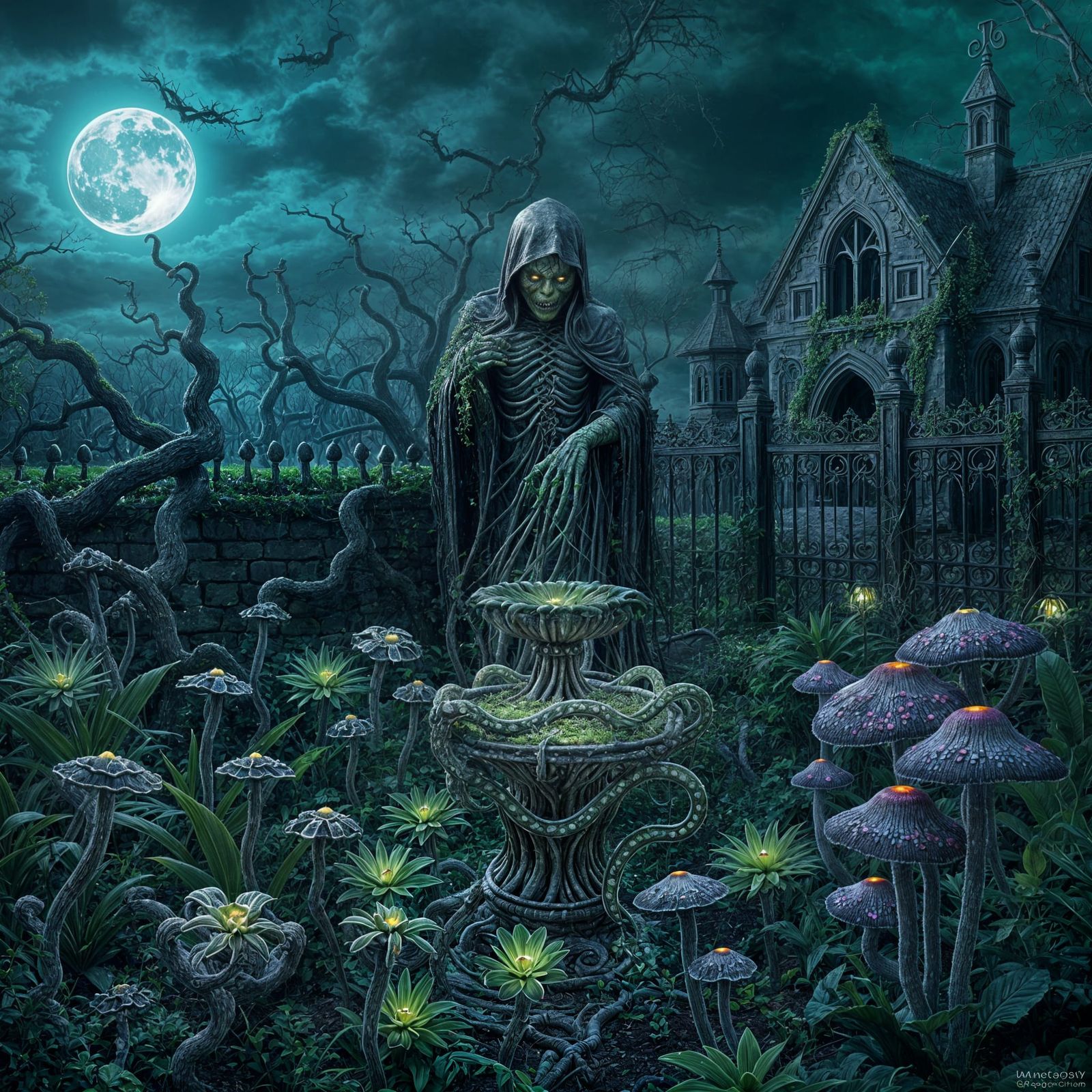 Photo-Realistic Befouled Garden Under Moonlight