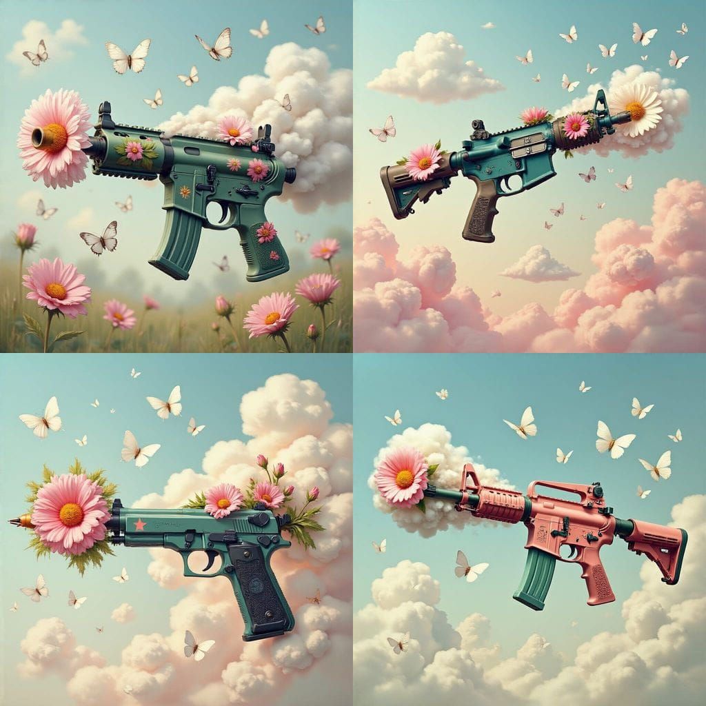 Dadaist Anti-War Gun Shooting Flowers in Pastel