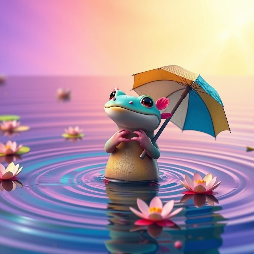 Vibrant Axolotl Stands Underwater Umbrella Amidst Water Lili...