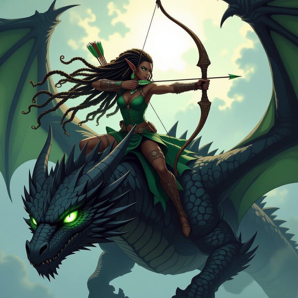 Elf Rider on Black Dragon in Gothic Whimsical Anime Style