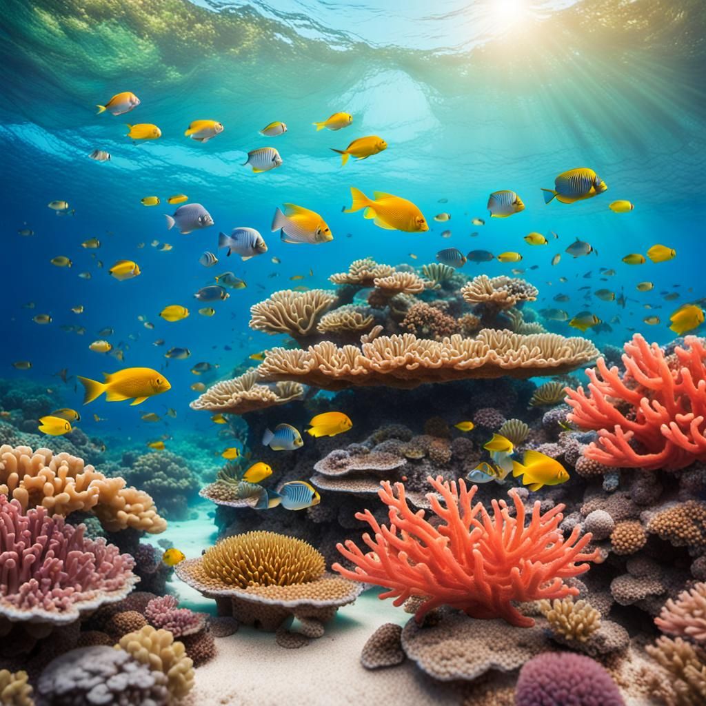 Lush Coral Reef Ecosystem with Tropical Island