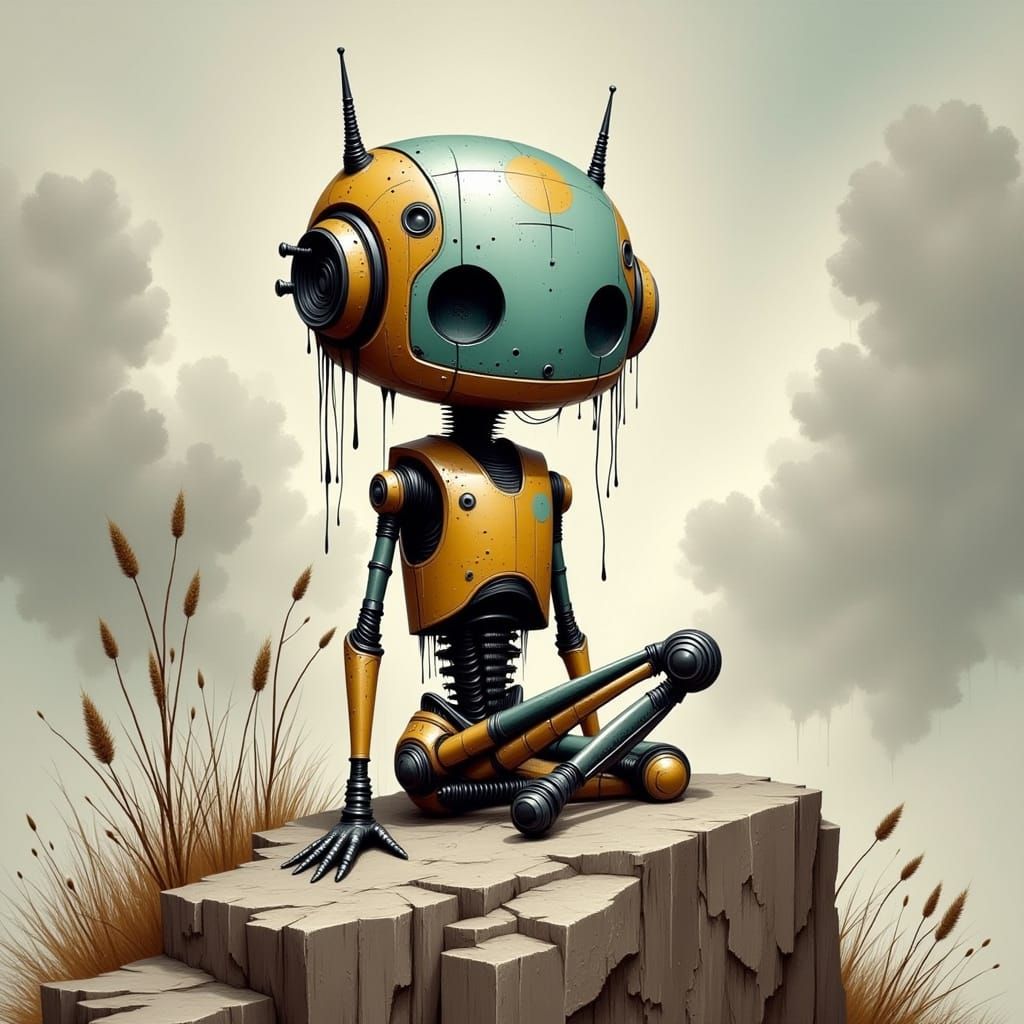 Weathered Robot on Rock, Comic Book Style