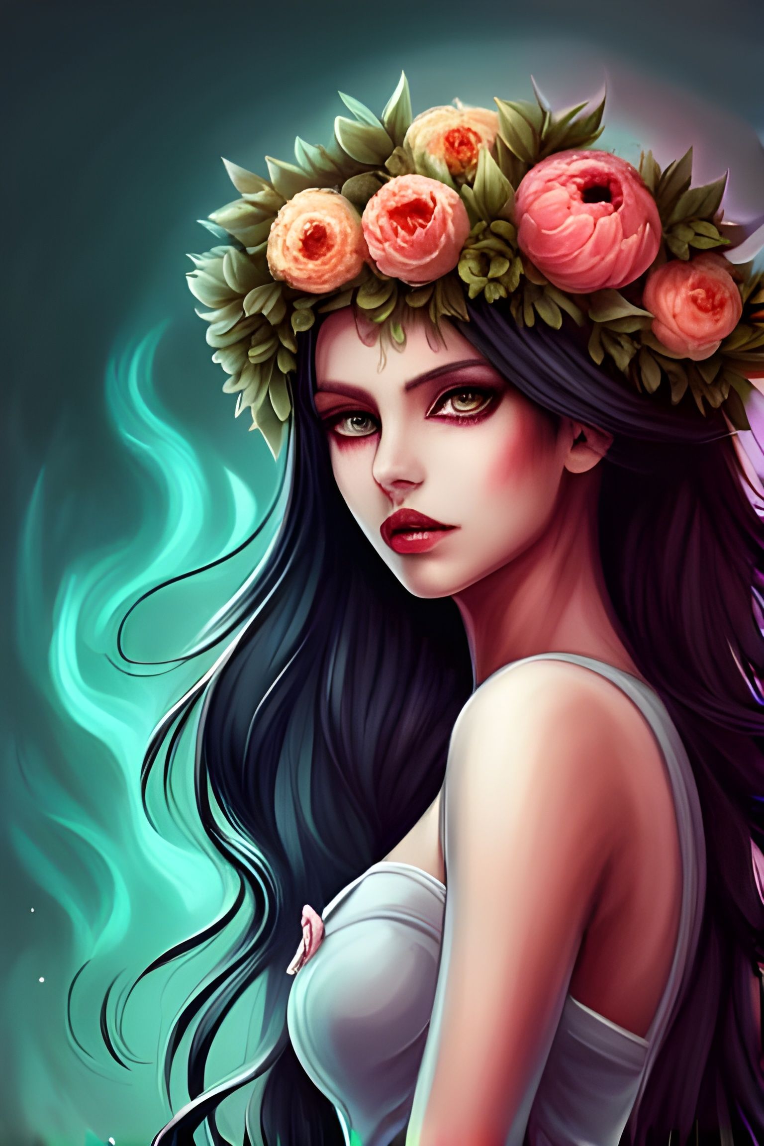 Demonic Woman with Flower Crown: Intricate Manga Painting