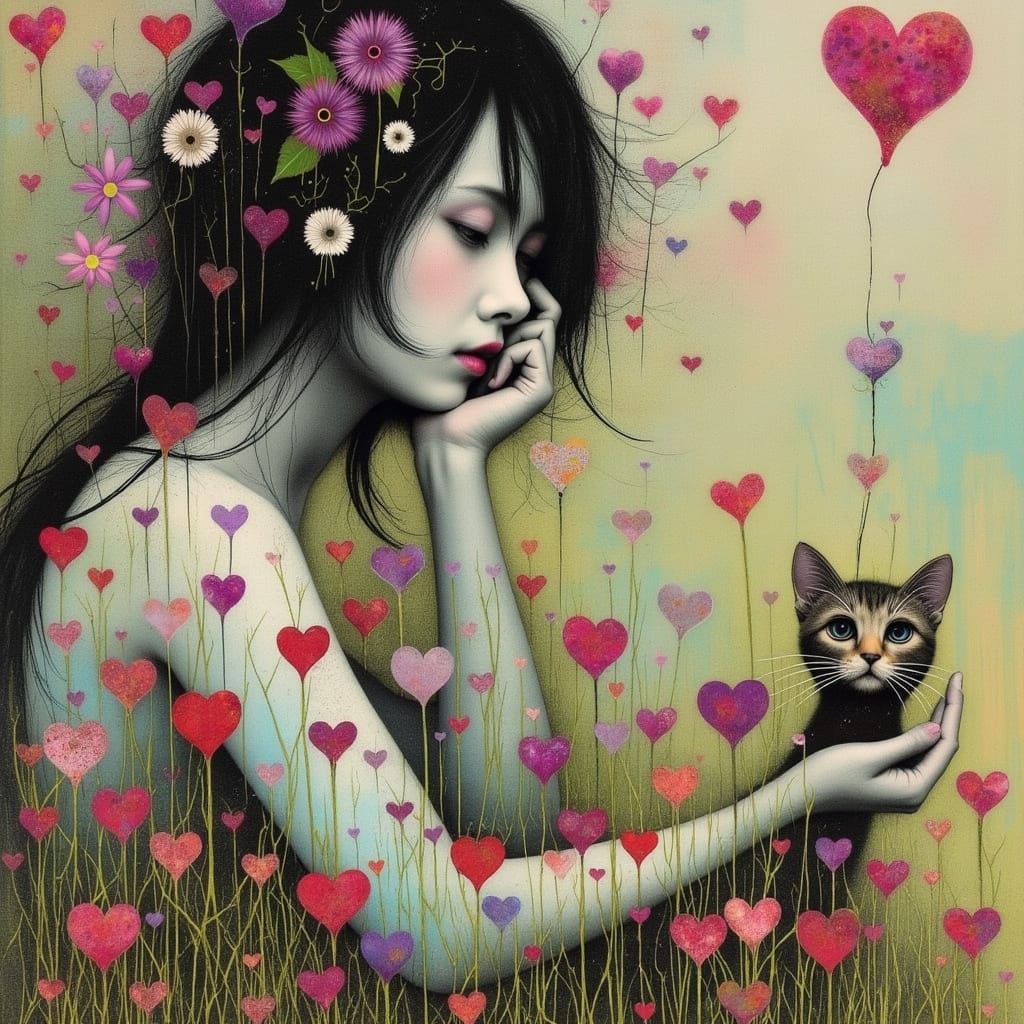 Woman and Cat in Wispy Grass with Collage Elements