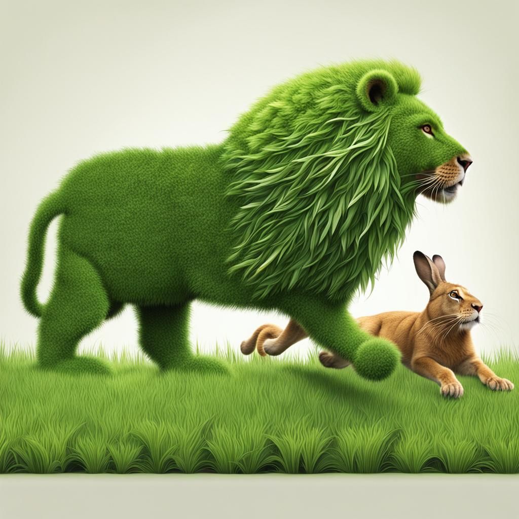 Geometric Lion Pursues Grass Rabbit: Digital Art