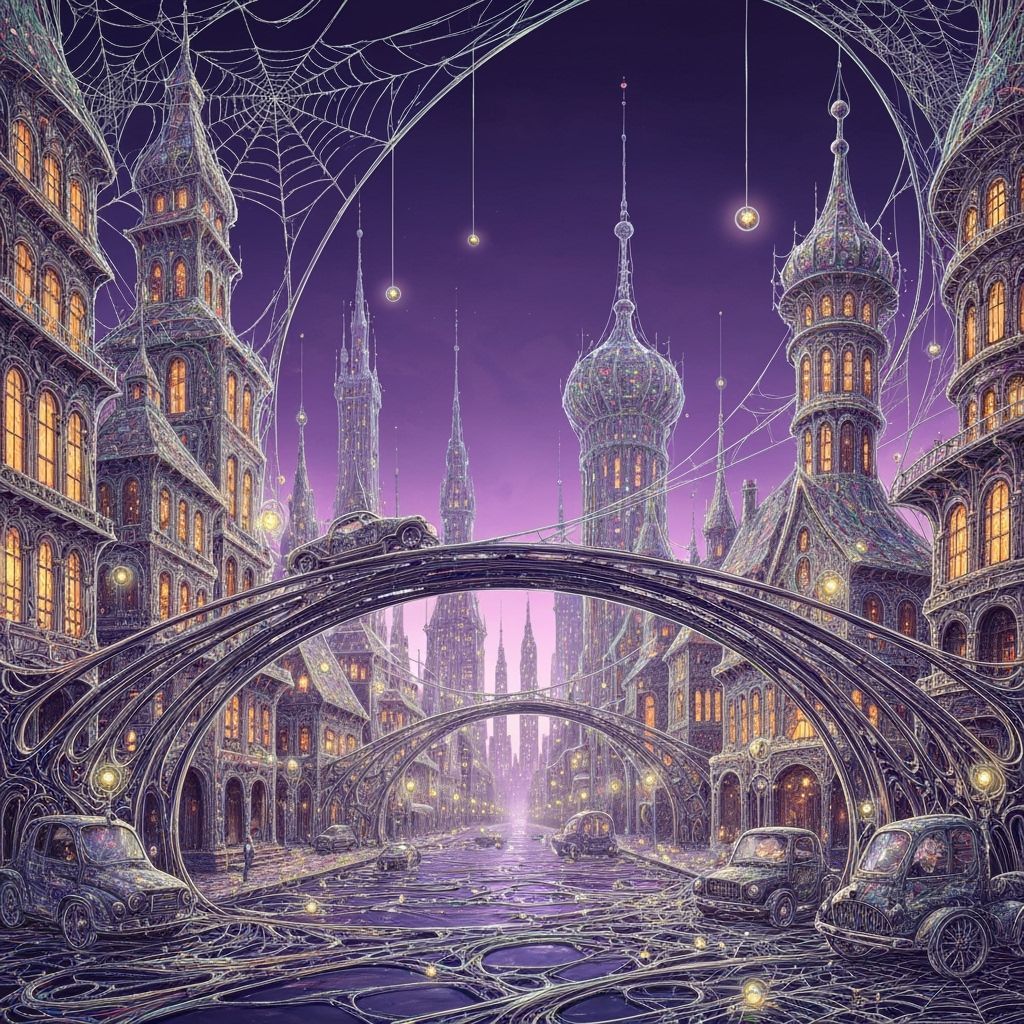Whimsical Spiderweb Cityscape in Art Nouveau Style