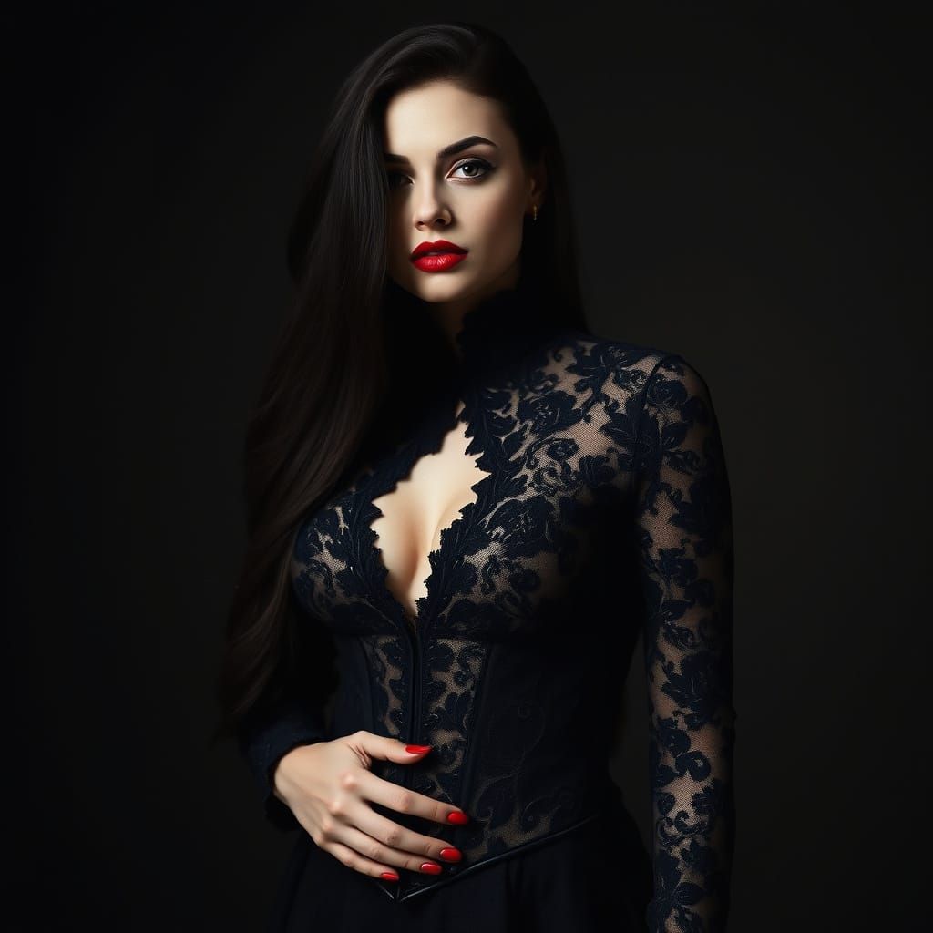 Elegant Gothic Goddess in Black Lace Corset Dress