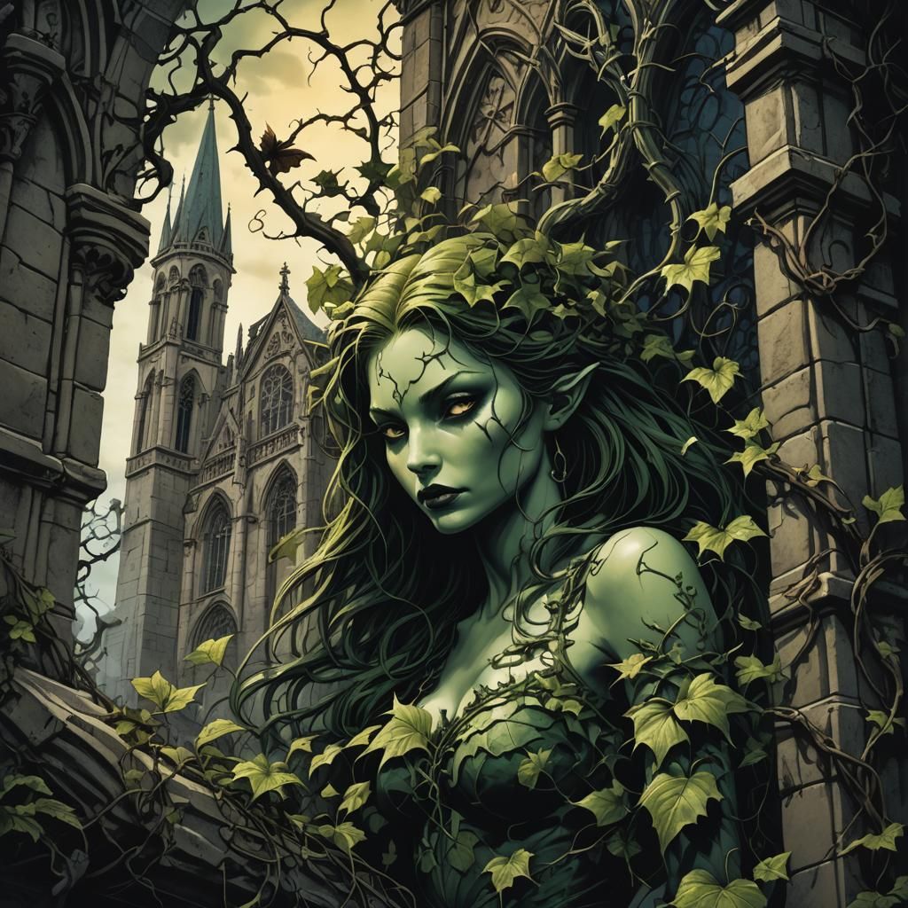 Poison Ivy Ensnaring Gothic Cathedral in Dark Fantasy Art