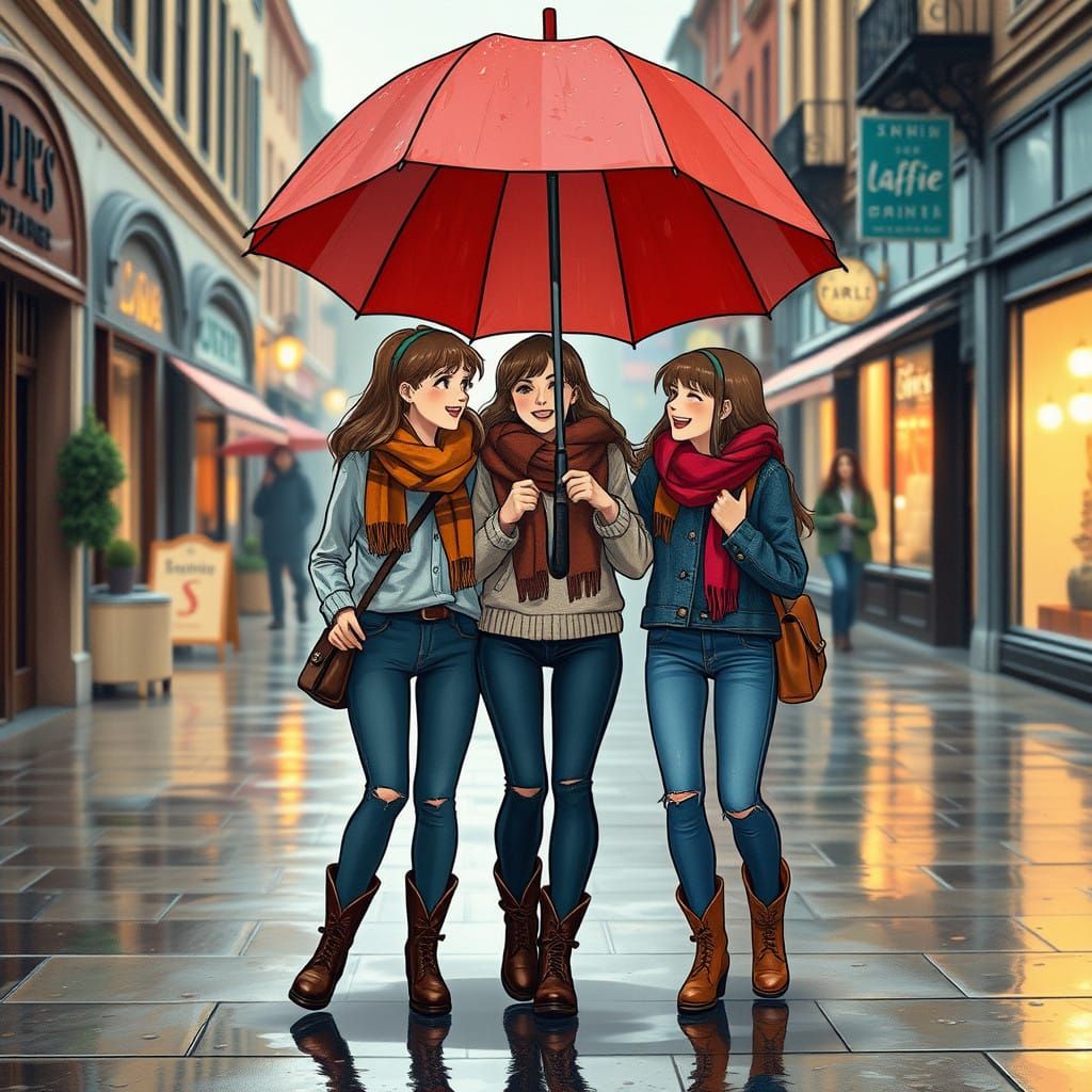 Teenage Girls Walk Under Vintage Umbrella on Rainy Shopping ...