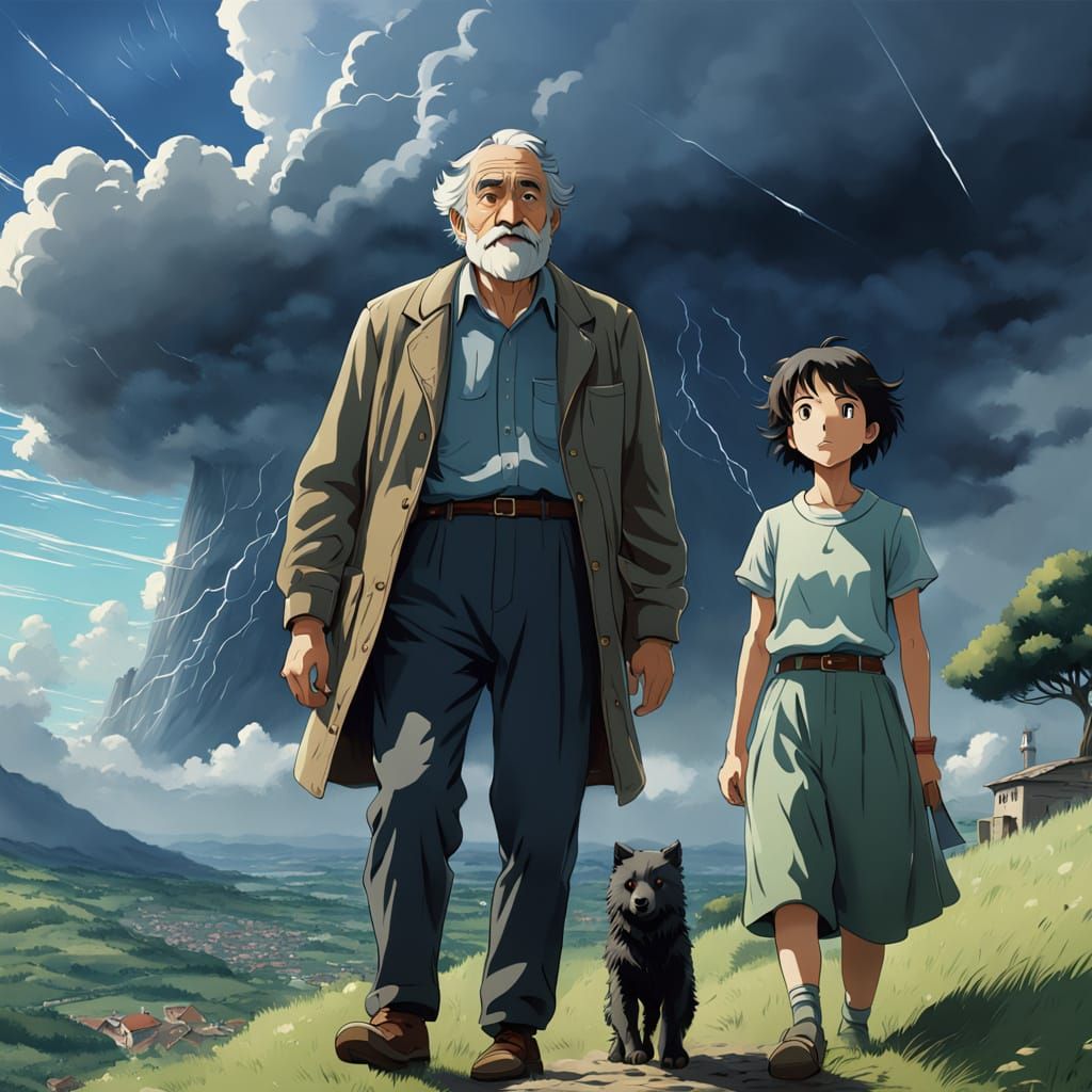 Family Awaits Storm in Ghibli Anime Style