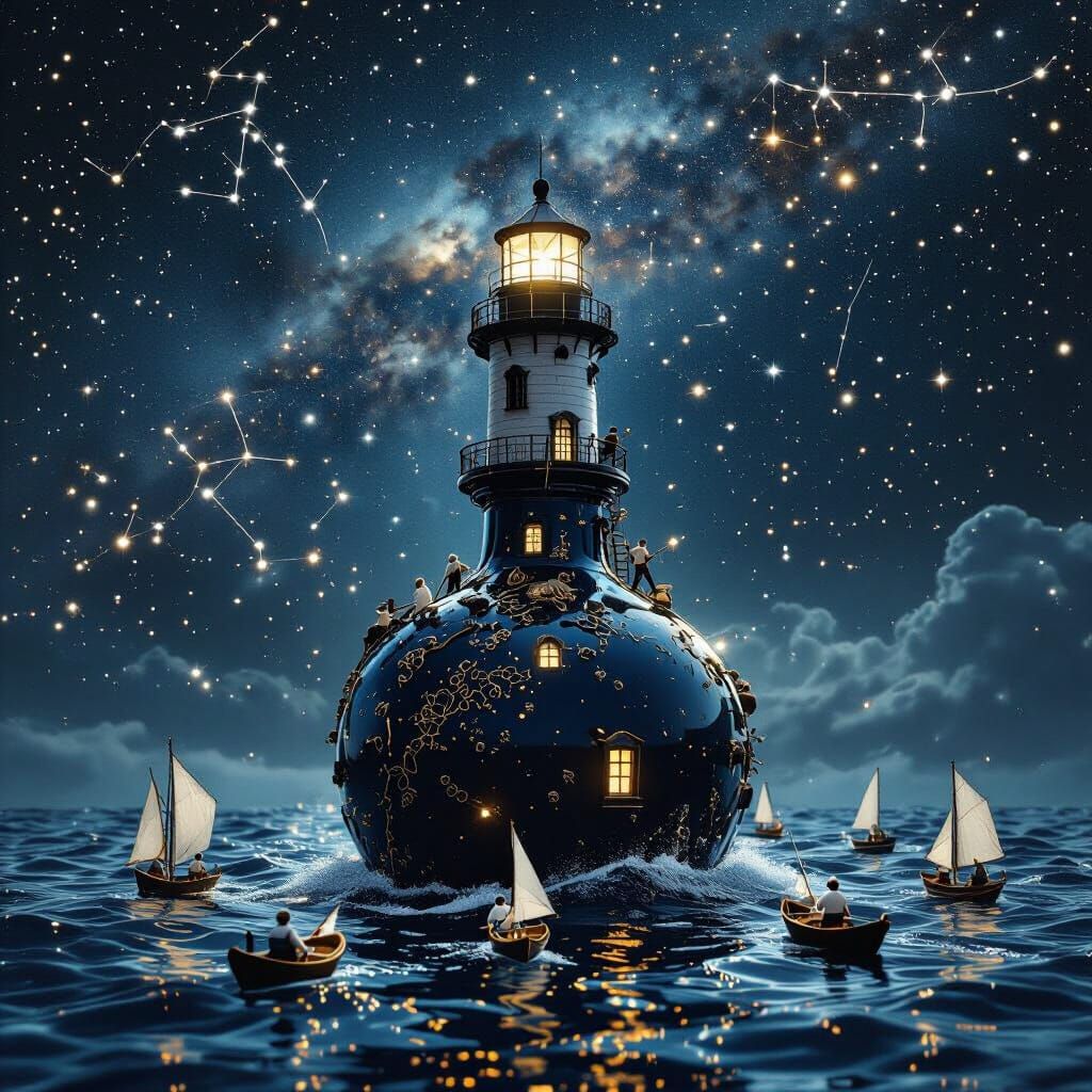 Lighthouse on Ink Bottle with Quill Boats