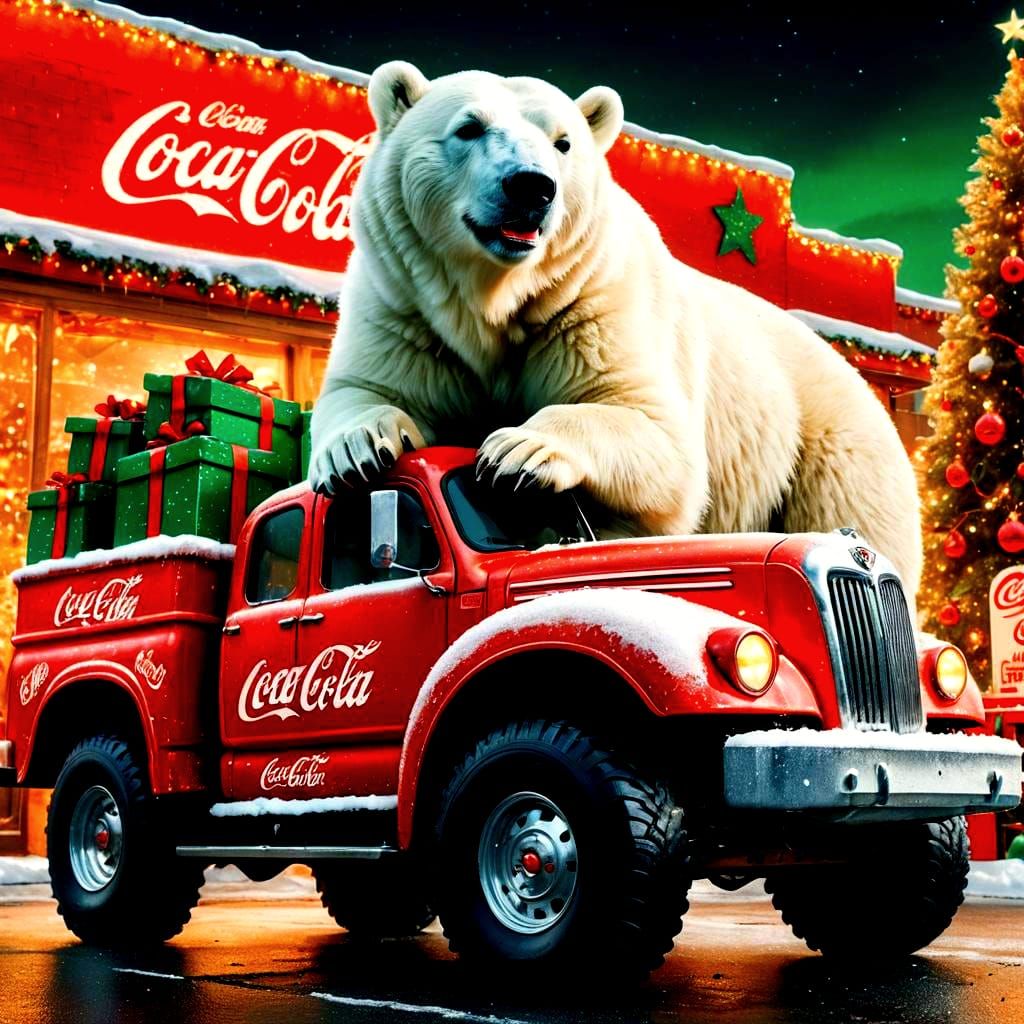 Coke Polar Bear Cub on Christmas Truck, Hyperrealistic