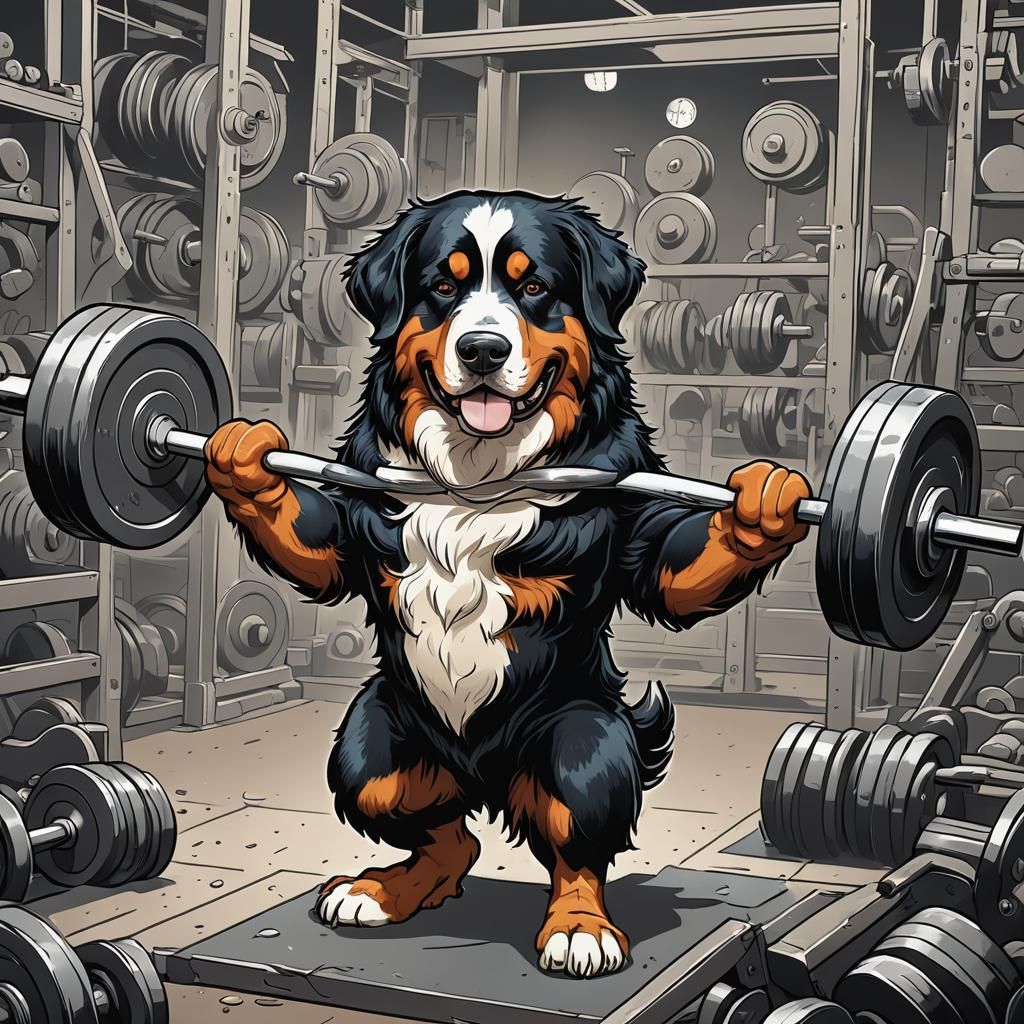 Bernese Mountain Dog Lifting Weights in Comic Art