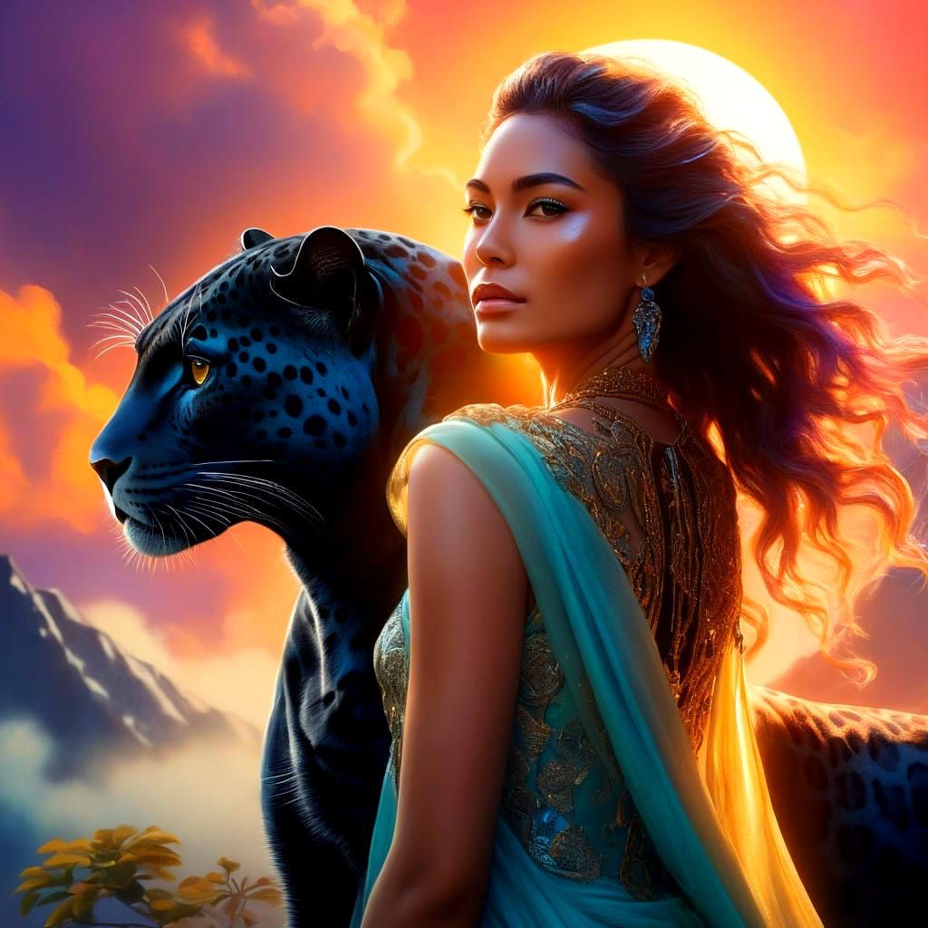Divine Encounter: Goddess and Jaguar Amidst Sunset Splendor