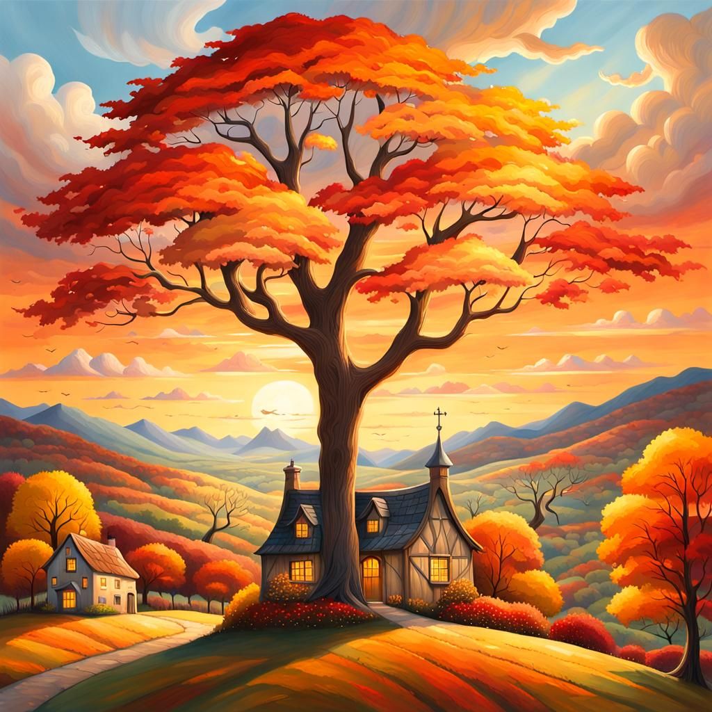 Impressionist Maple Tree Landscape at Golden Hour