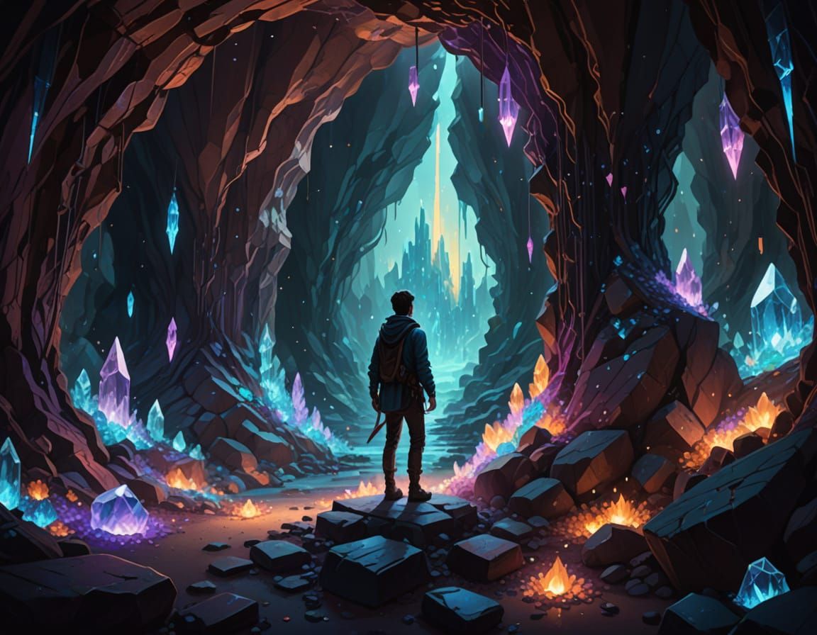 Mystical Figure Illuminated by Glowing Crystals in a Vibrant...