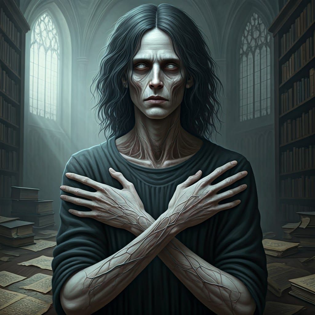 Haunting Figure in Library, Beksiński-Giger Aesthetic