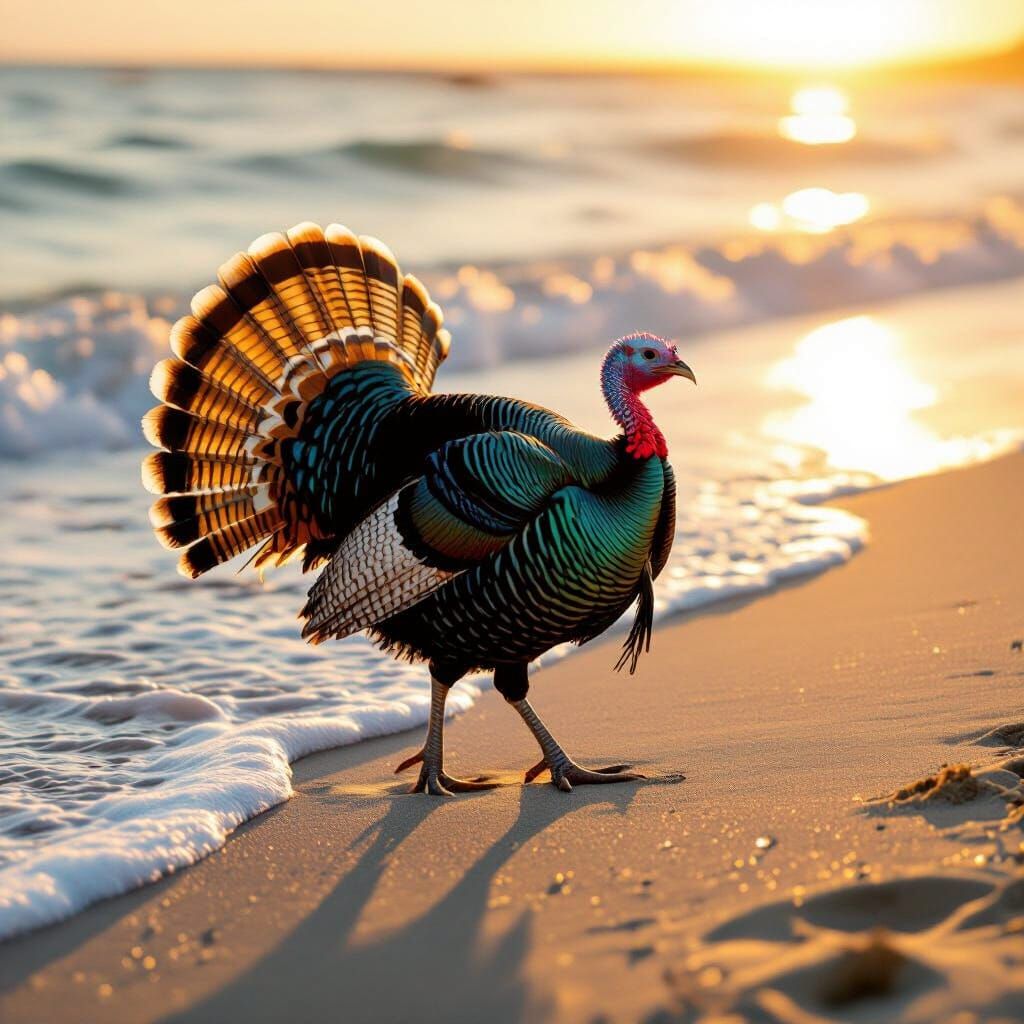 Majestic Turkey on Sunlit Beach in Hyperrealistic Style