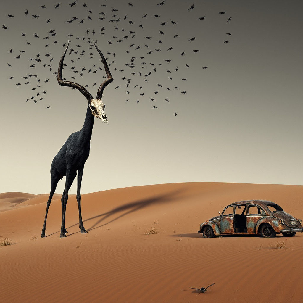 Okapi with Deer Skull in Desert Landscape