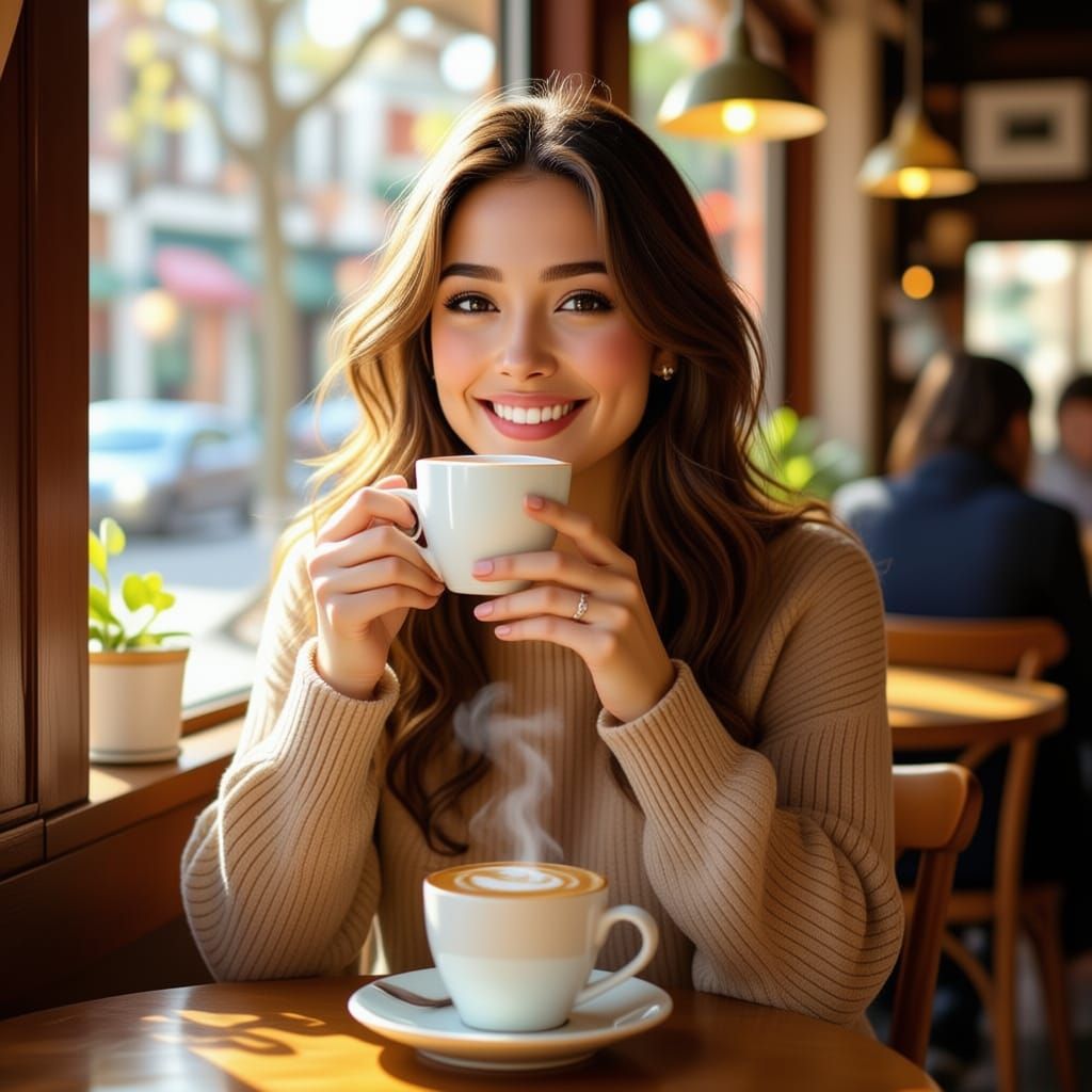 Young Woman Enjoys Coffee at a Cozy Cafe