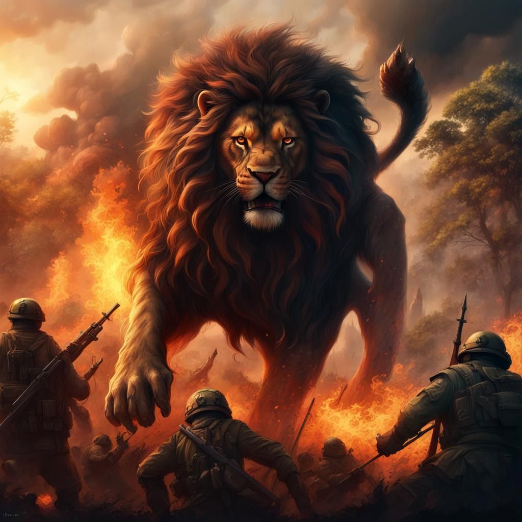 Epic Lion Attack in Ancient Forest at Sunset