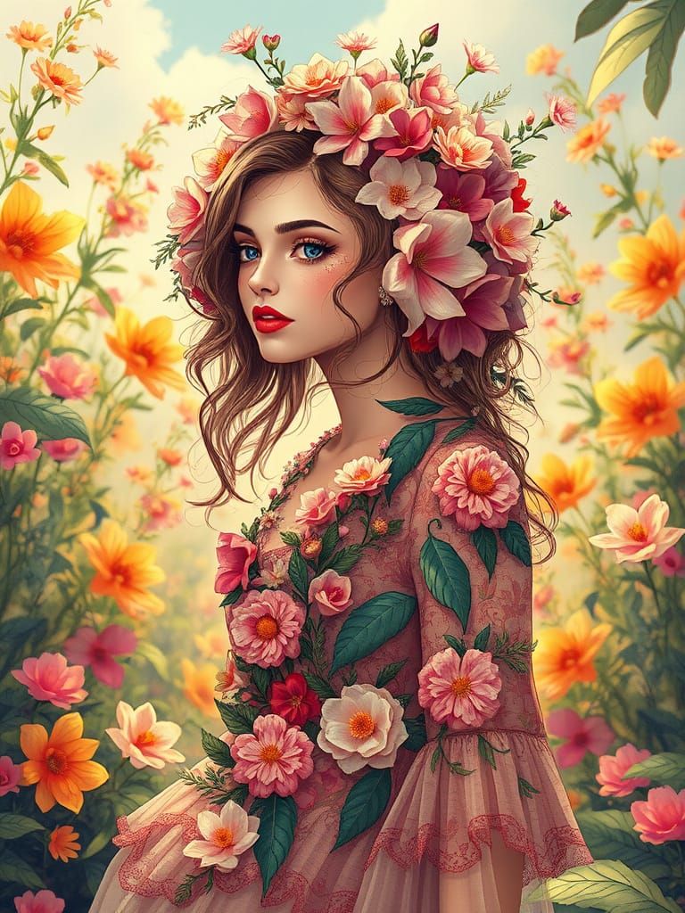 Enchanted Floral Goddess in Vibrant Palette Knife Style