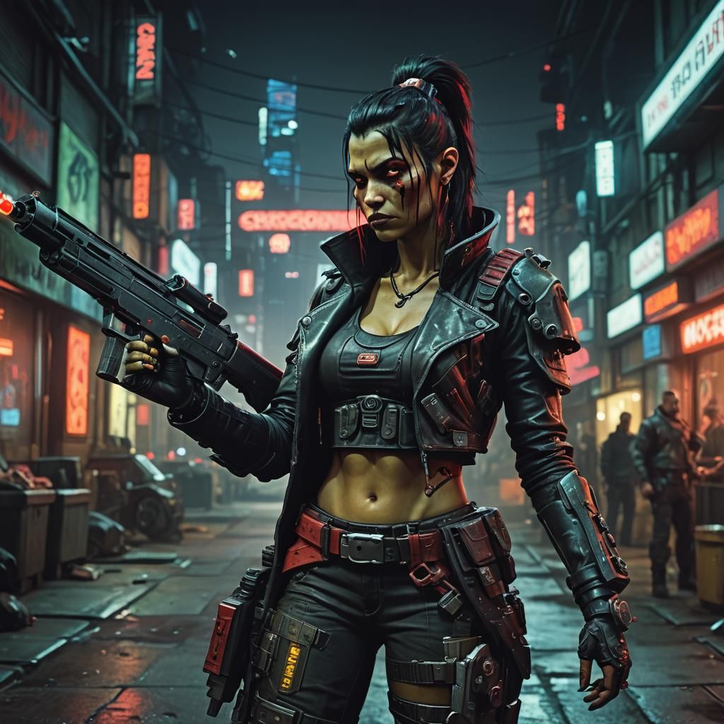 Cyberpunk Orc with Shotgun in Neon Cityscape