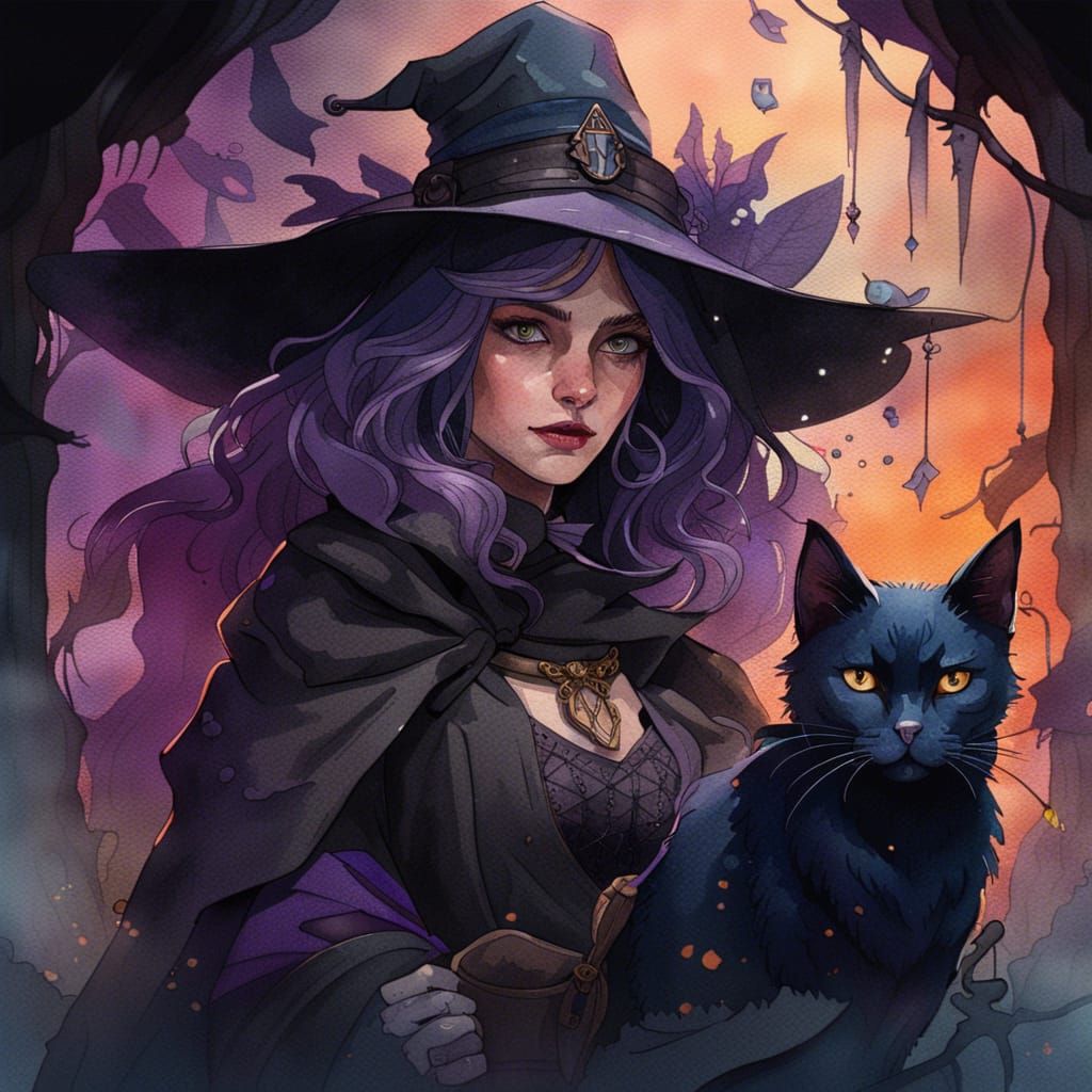 Watercolor Witch with Black Cat Fantasy Art