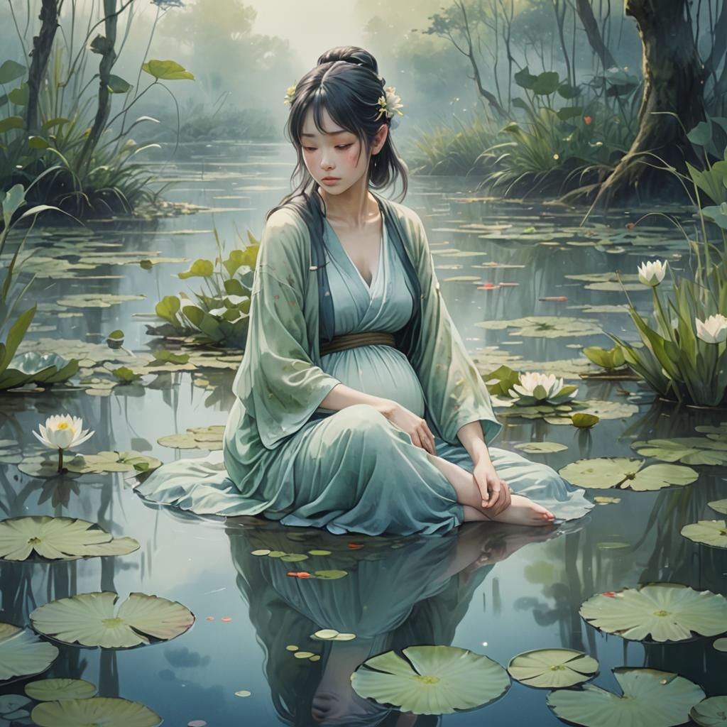Pregnant Woman in Misty Swamp: Anime Key Visual