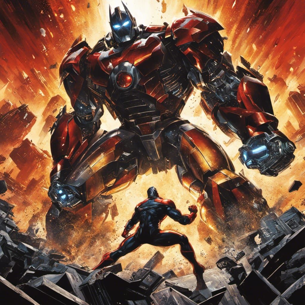 Superhero Punches Evil Robot in Comic Book Style