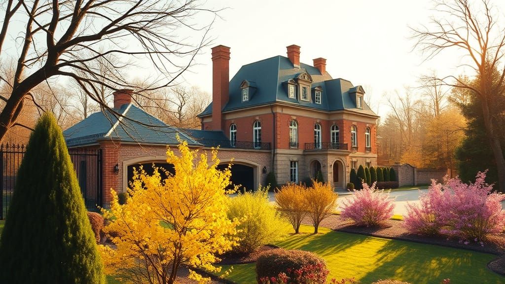 Grand Chateau in Golden Afternoon Light with Spring Garden