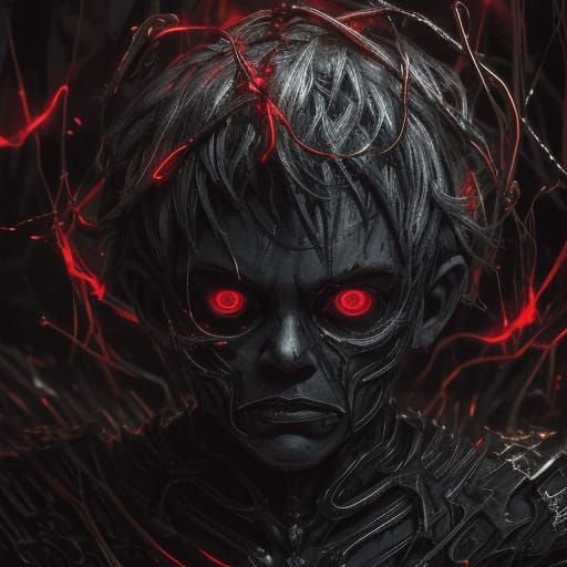 Surreal Horror: Boy with Glowing Eyes in Dark Art