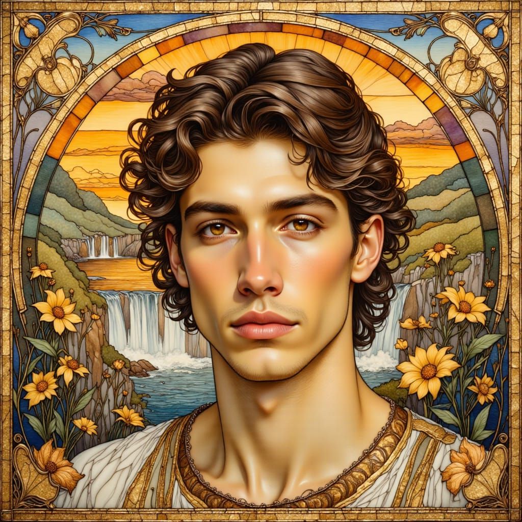 Art Nouveau Young Man with Waterfall Sunset