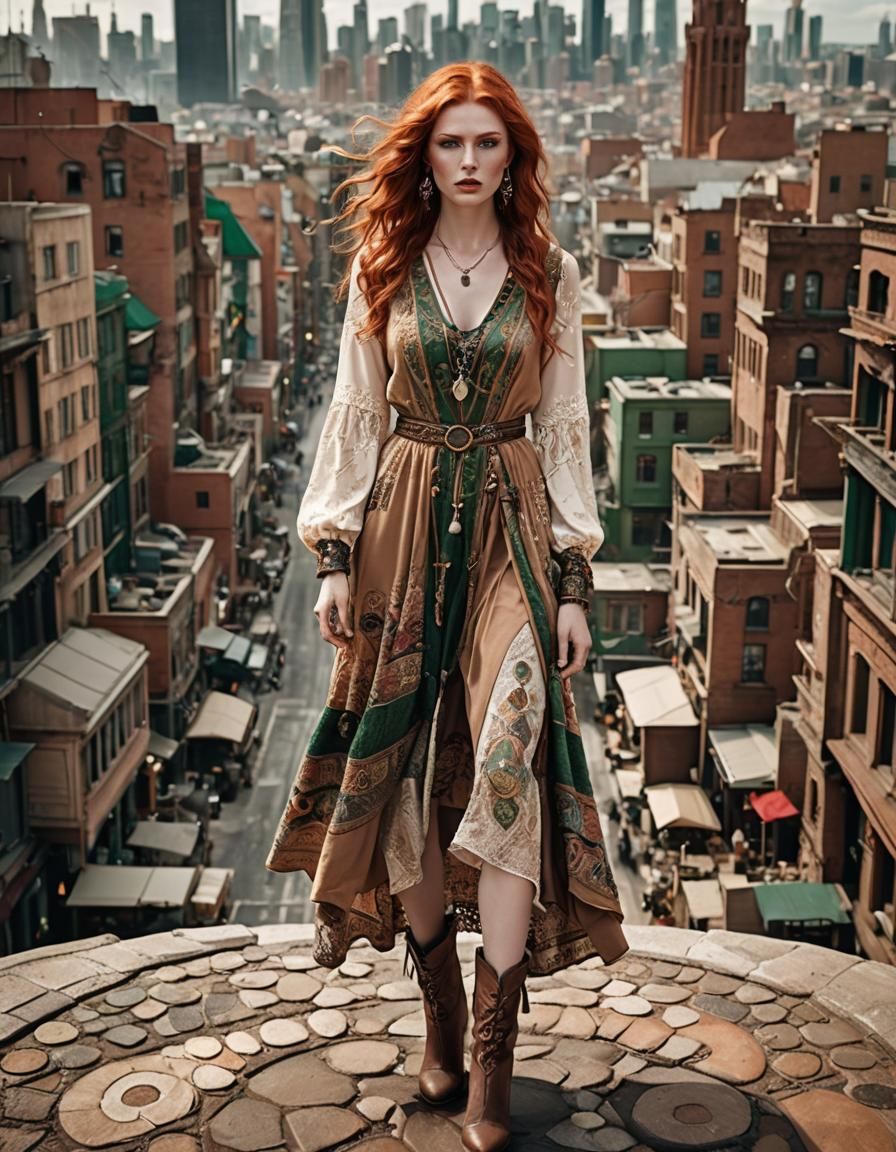 Redhead Woman in Cityscape: Cyberpunk Aesthetic