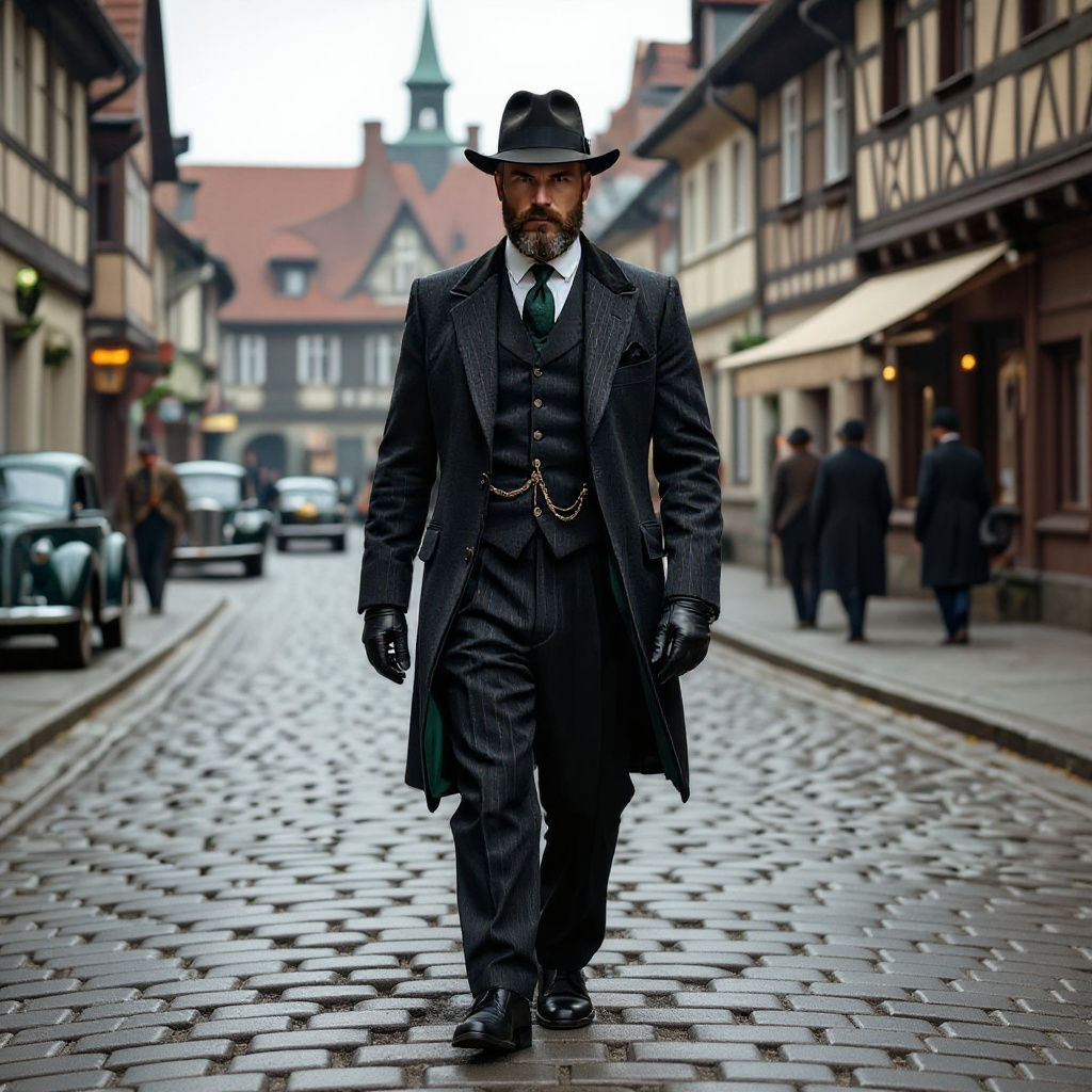 Man in 1940s Germany on Cobbled Street