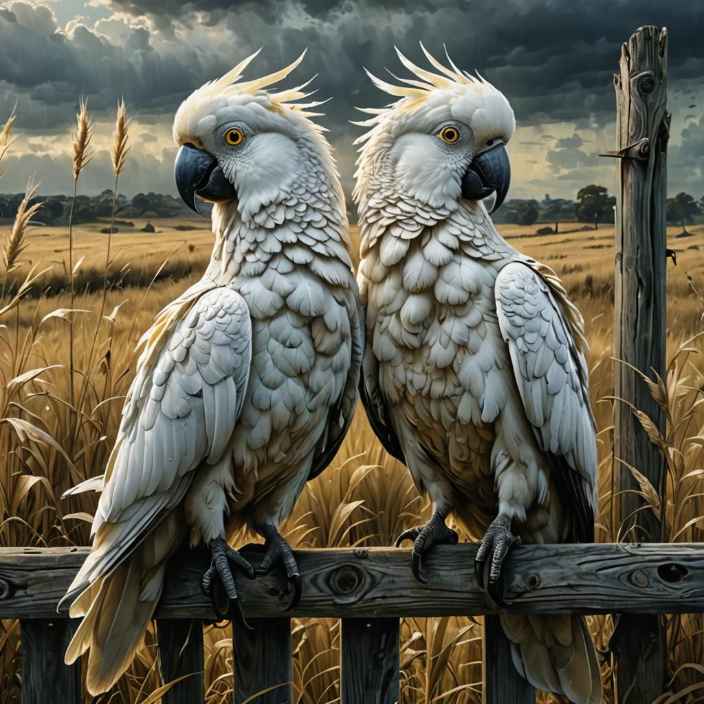 Beksiński-Inspired Surreal Cockatoos on Ancient Fence