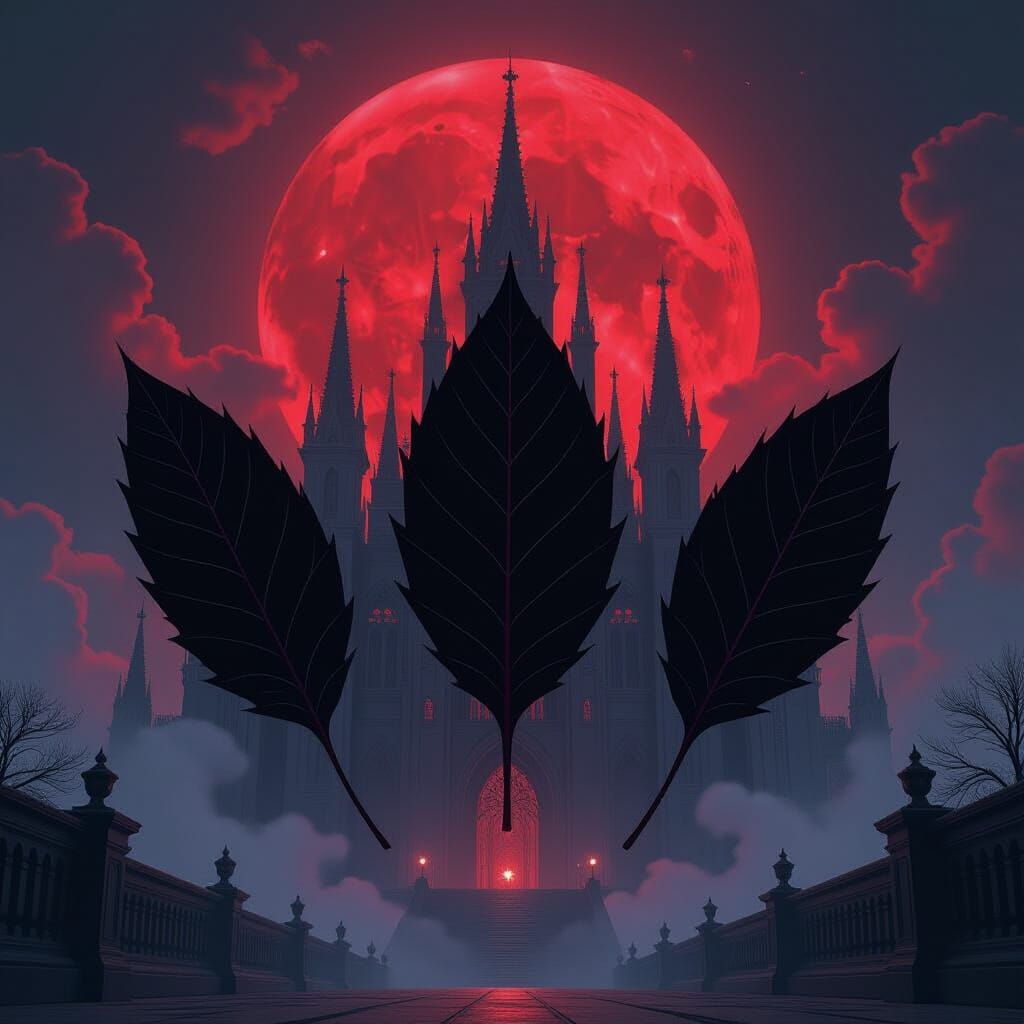 Levitating Crimson Leaves Before Gothic Castle