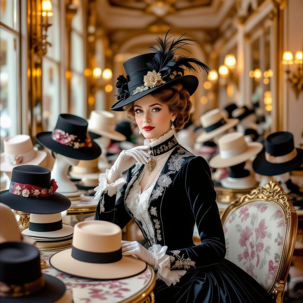 Edwardian Woman in Parisian Hat Boutique