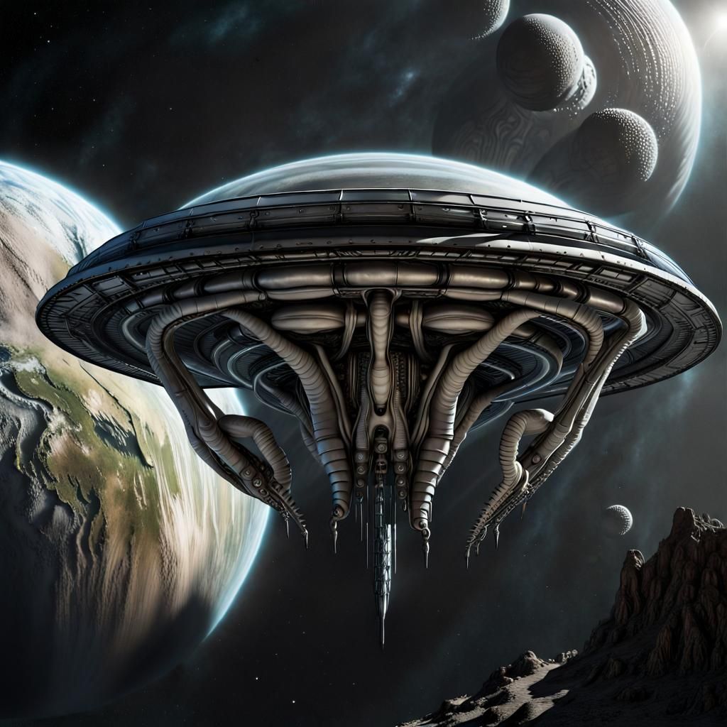 Surreal Alien Spaceships Meeting Near Earth